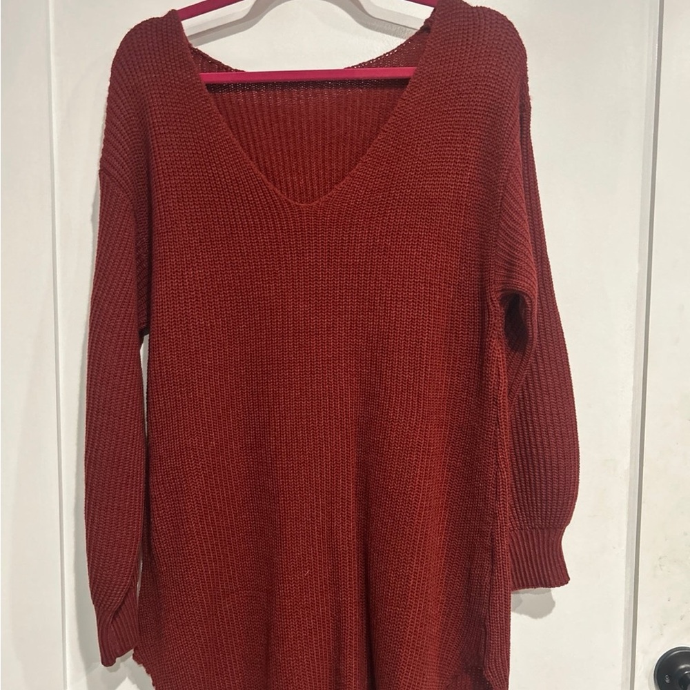Women's V-Neck Knit Sweater - Red